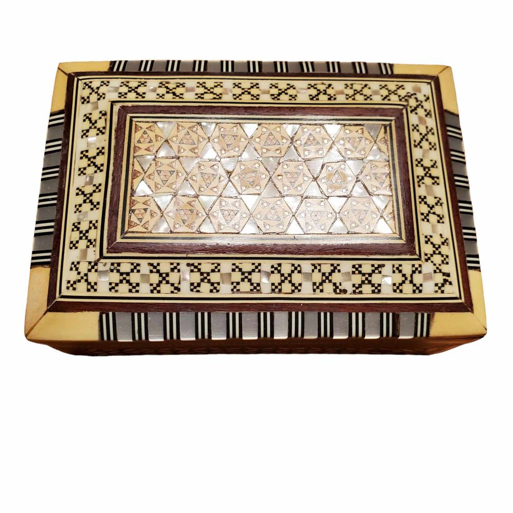 Vintage 1950s Handmade Pearl Bone Wood Inlaid Marquetry Jewelry Box